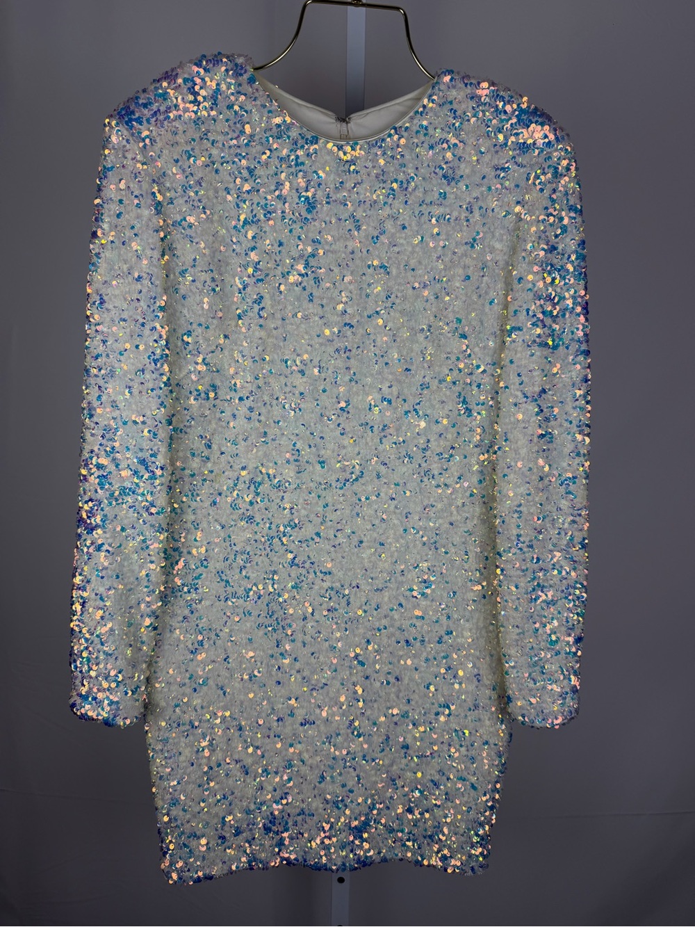 HELSI Iridescent Sequin Mini Dress M White Long Sleeve Bridal Cocktail